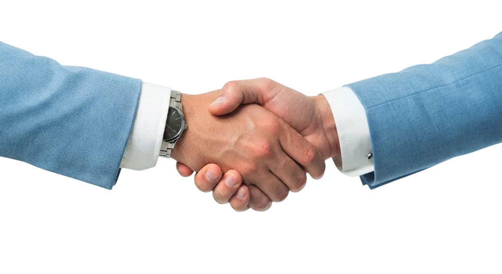 A handshake between two professionals in light blue suits