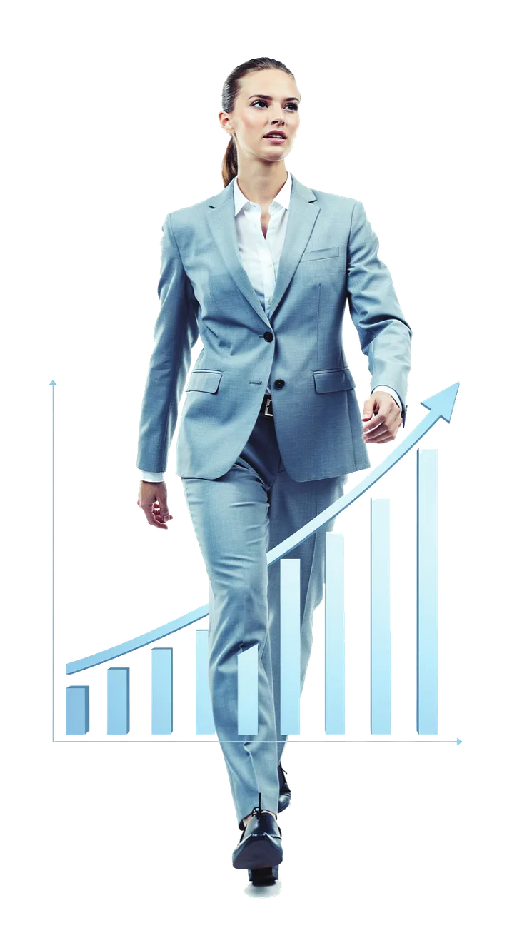 Professional in a light blue suit walking beside a rising bar chart